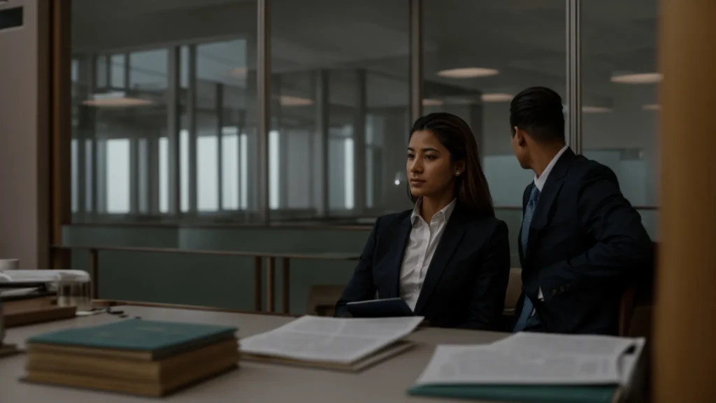 a lawyer and a client sit across from each other at a table, discussing documents.