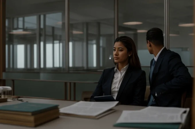 a lawyer and a client sit across from each other at a table, discussing documents.
