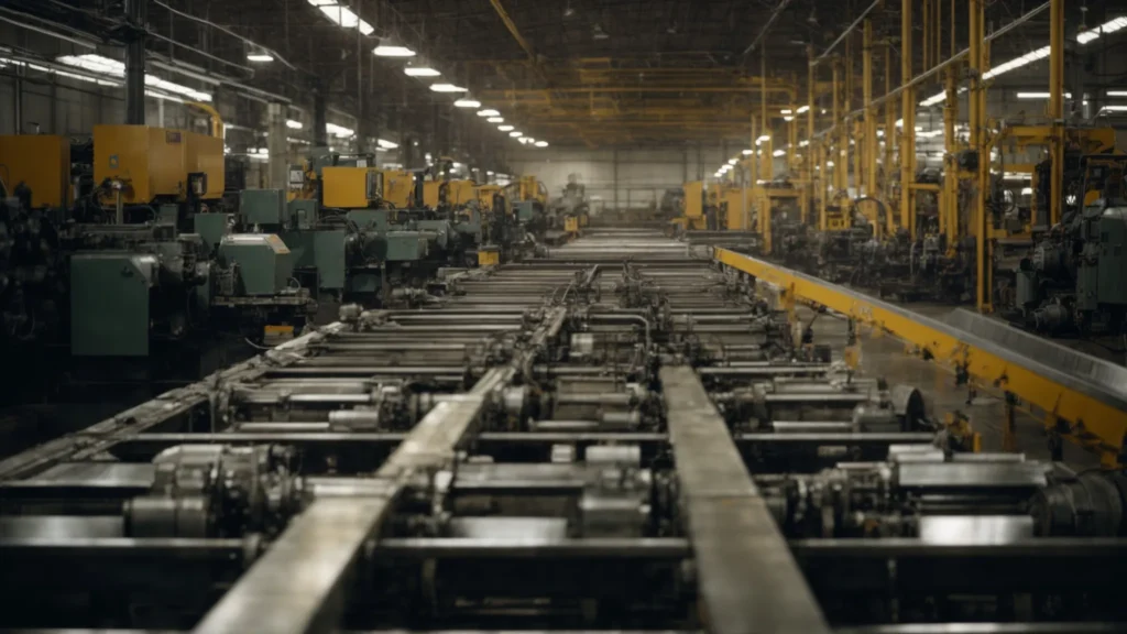 rows of industrial machinery operating in a well-lit factory floor.