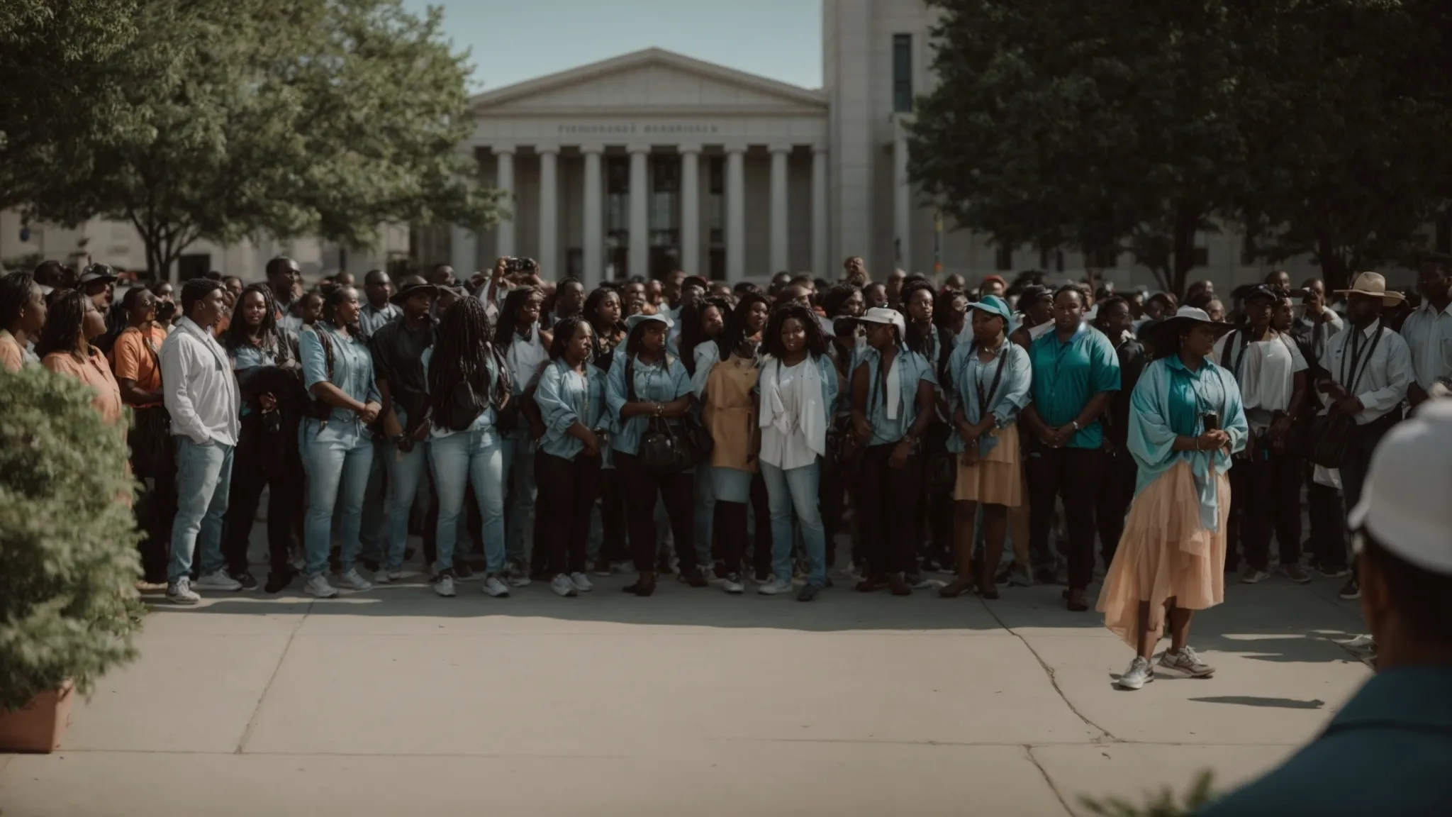 a group of people gather in front of a courthouse, symbolizing the beginning of a new chapter through marijuana expungement services.