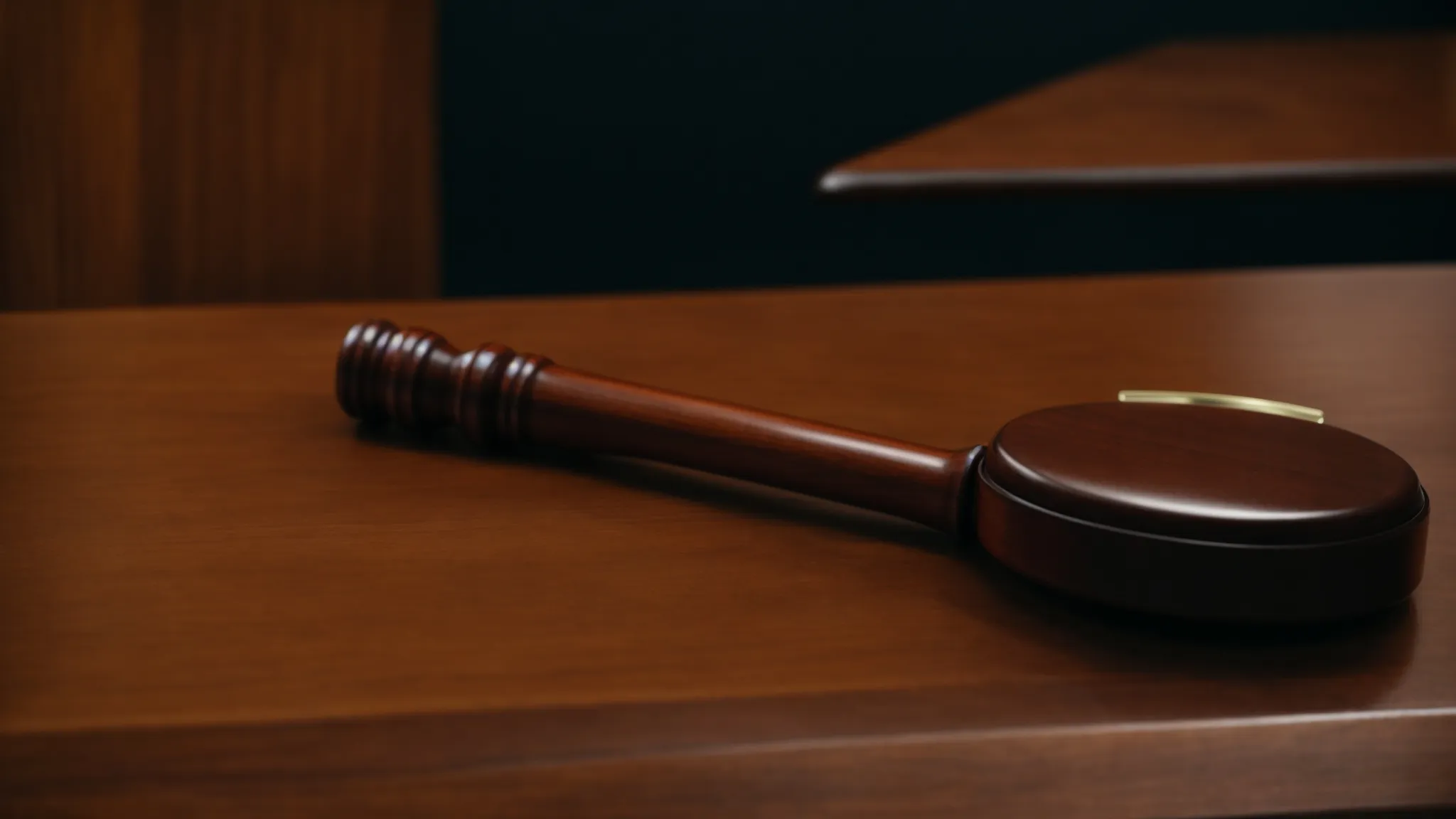 a gavel resting beside a closed folder on a courtroom bench, symbolizing legal proceedings.
