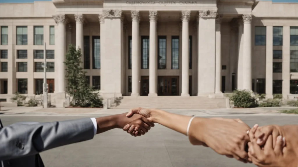a person shaking hands with a lawyer in front of a courthouse under a clear sky, signaling a new beginning.