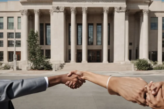 a person shaking hands with a lawyer in front of a courthouse under a clear sky, signaling a new beginning.