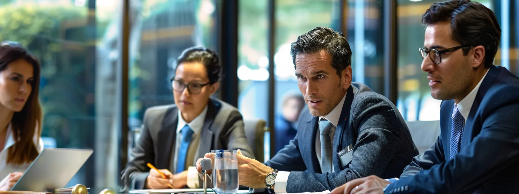 a team of professionals in business attire gathered around a table, analyzing documents and discussing telecom expense management services.