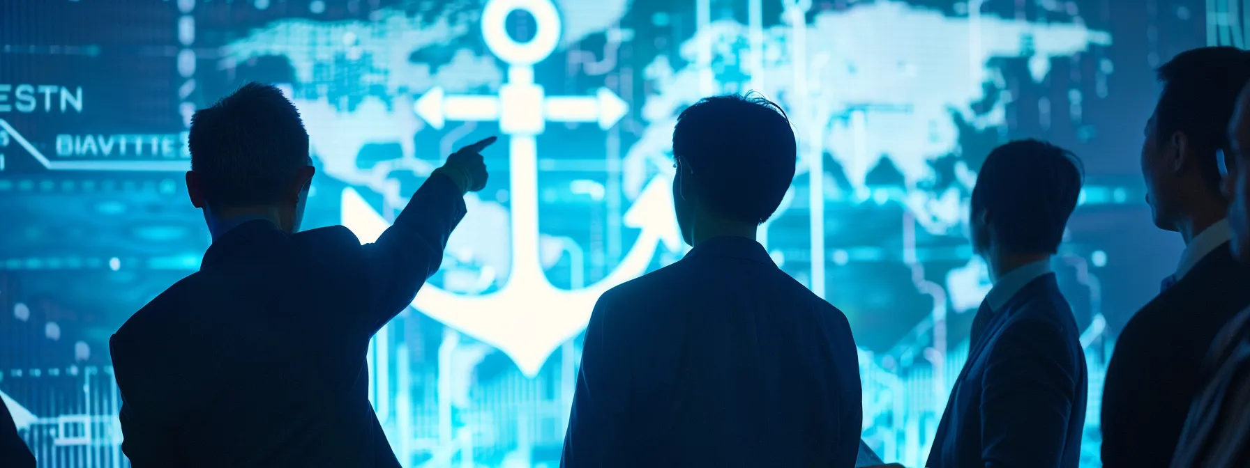group of professionals pointing at a large anchor symbol on a screen while discussing benefits of managed telecom services for efficiency.