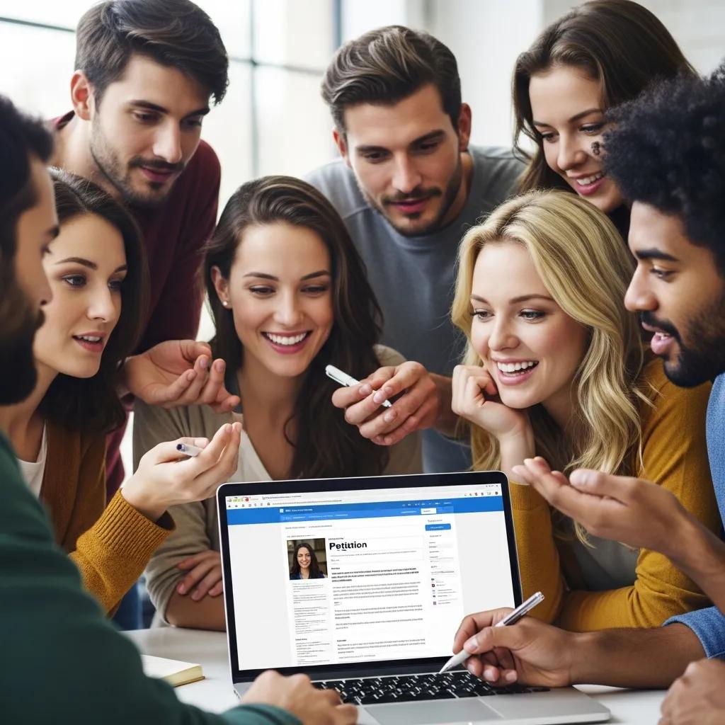 Diverse group of people engaging with an online petition on a laptop, showcasing community activism