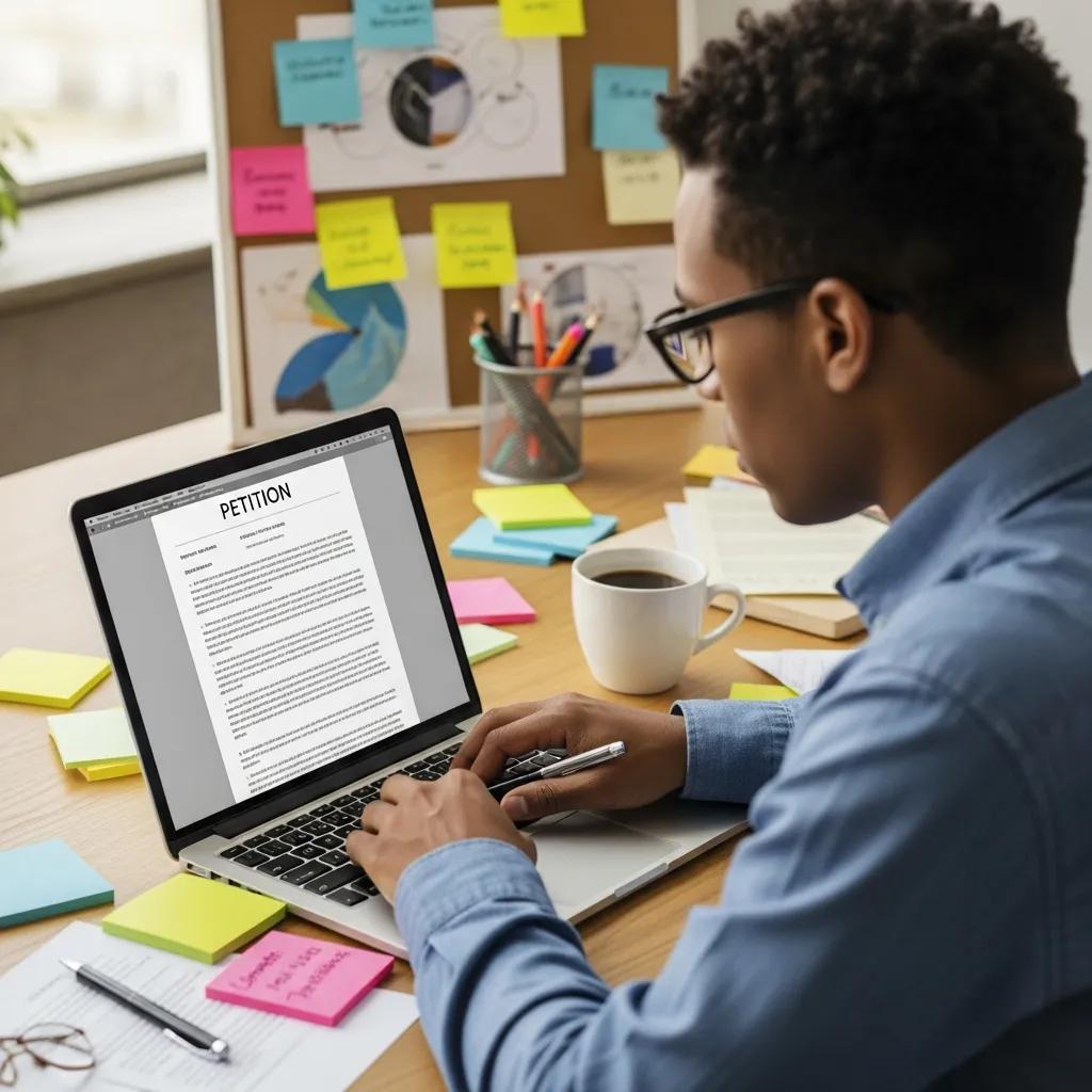 Individual writing a petition on a laptop, surrounded by notes, emphasizing the creation of an online petition