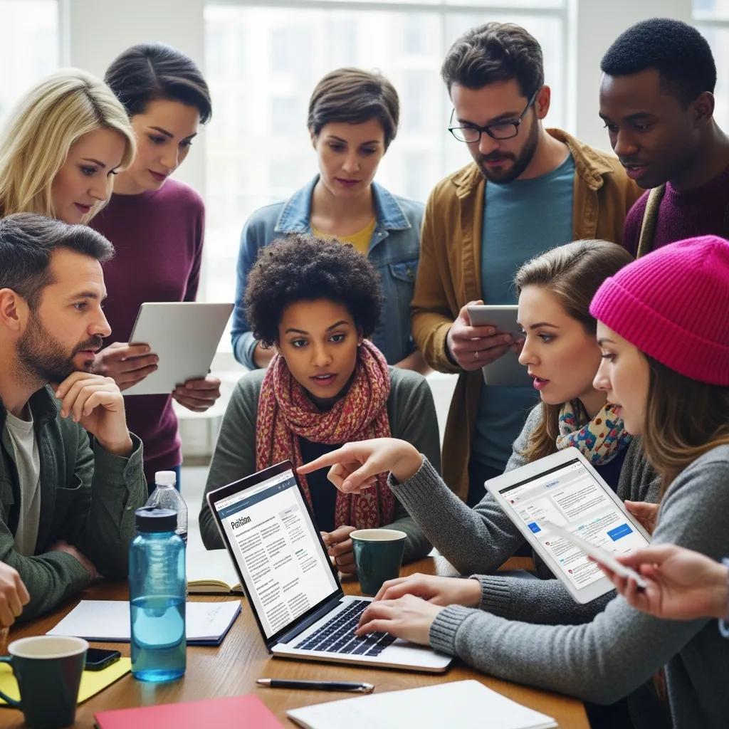 Diverse group of activists collaborating on an online petition, emphasizing community engagement and digital activism