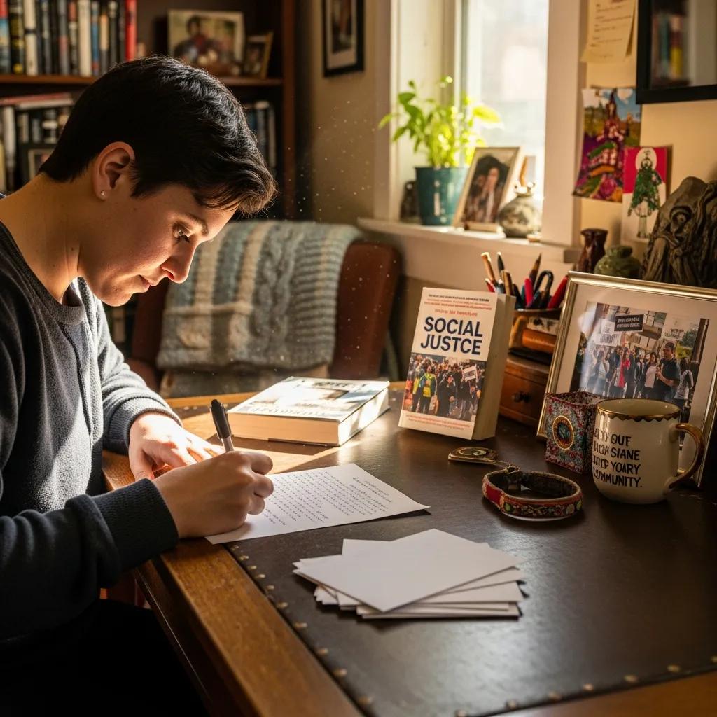Individual writing a compelling narrative about a social issue, surrounded by personal items that reflect their story