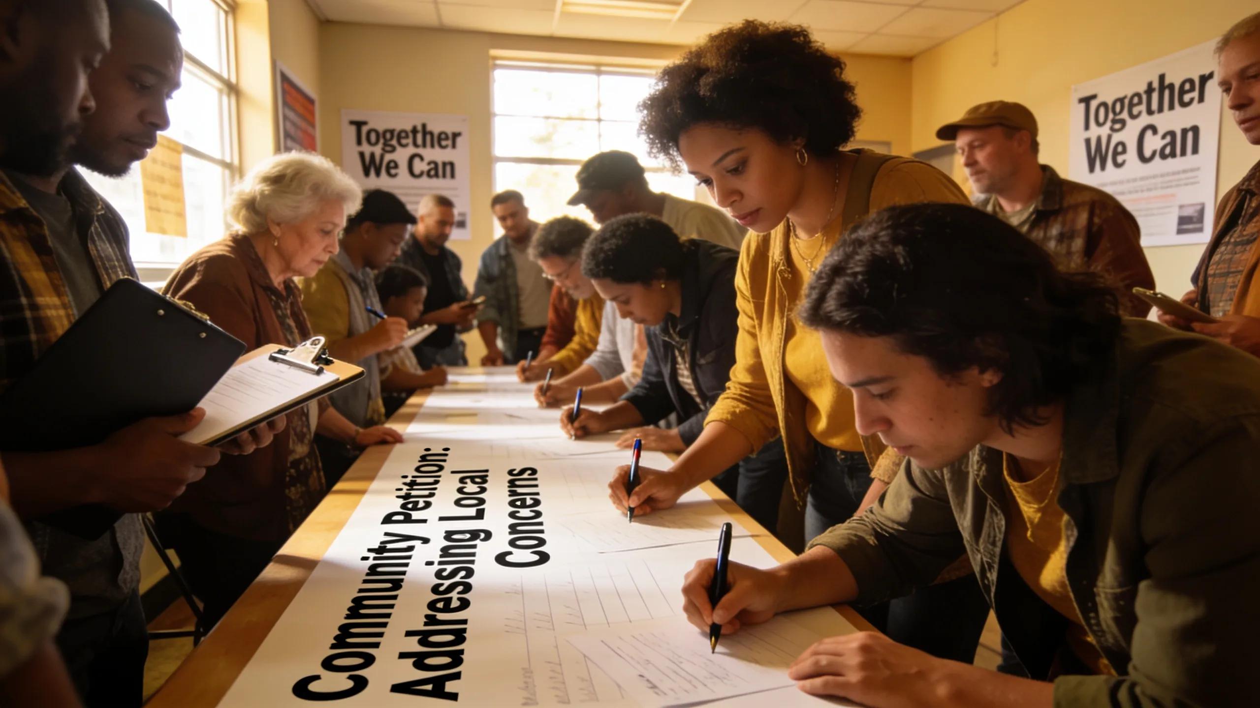Community members gathering to sign a petition, highlighting the collective effort in leveraging complaint letters for increased impact