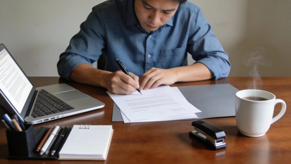 Person writing a formal complaint letter at a desk with organized stationery, representing effective communication skills