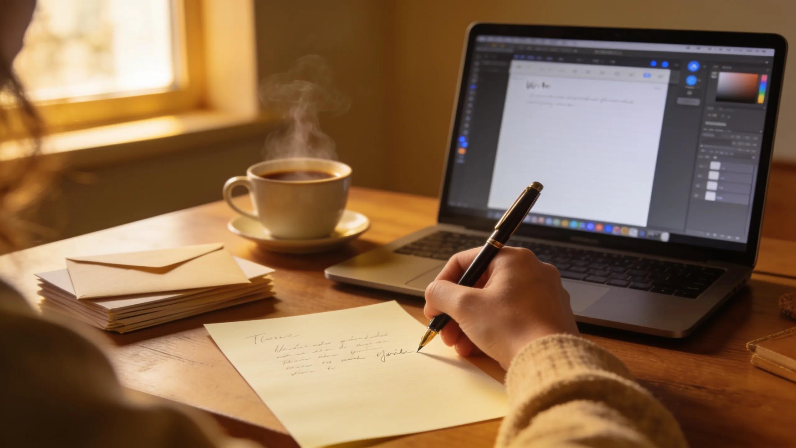 Person writing a letter at a desk with stationery and laptop in a warm and creative setting